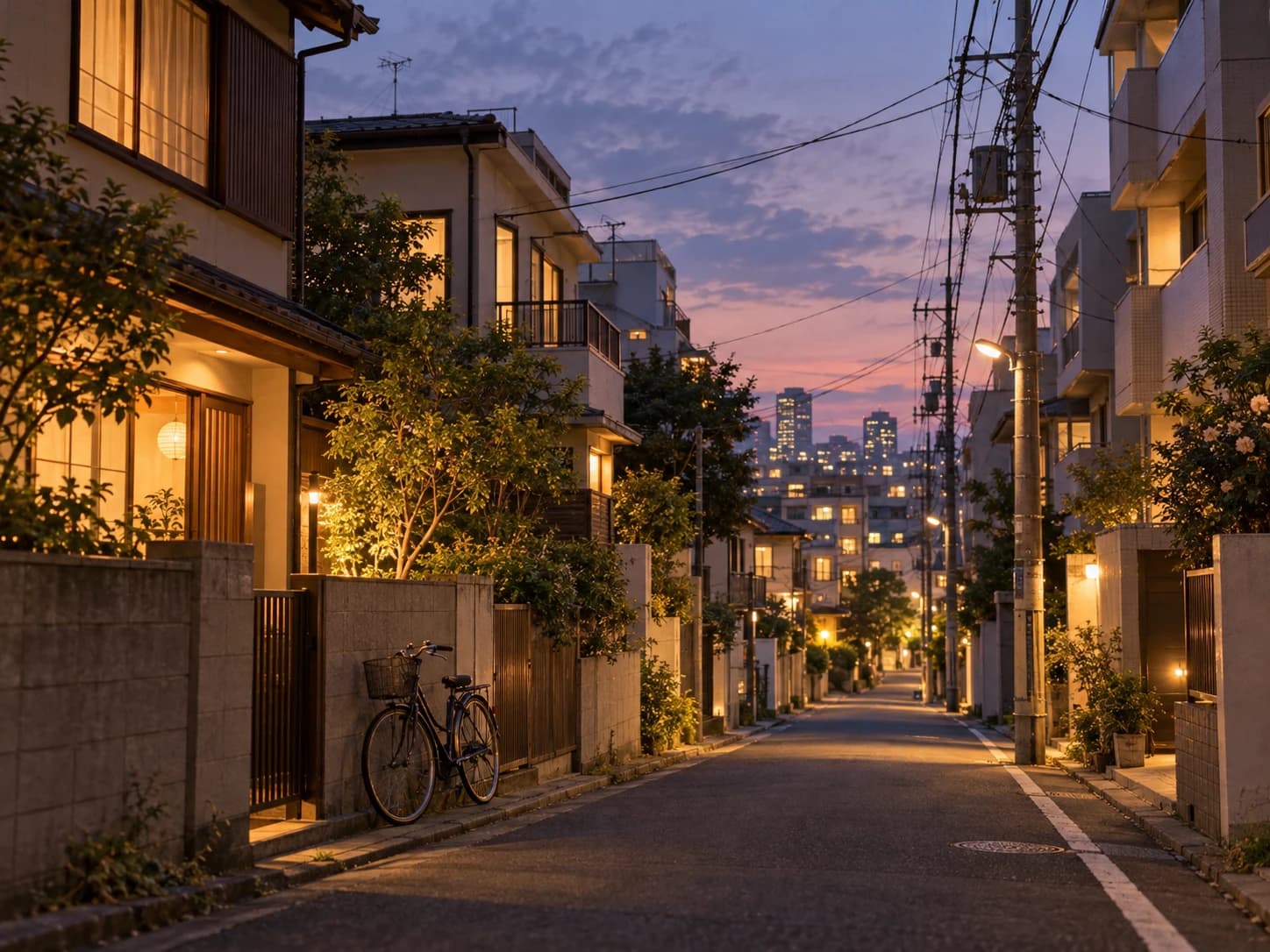 A quiet residential street in Tokyo at dusk, with warm lights in the windows